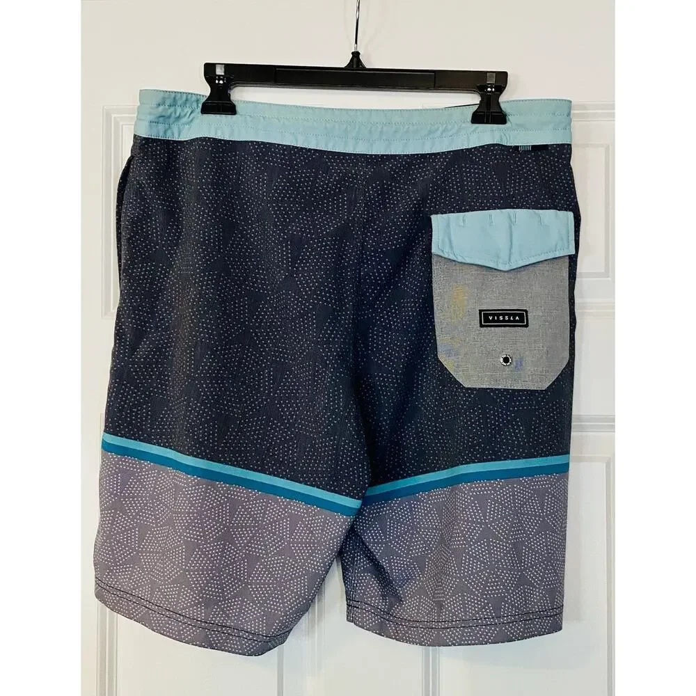 Vissla Mens Geometric Board Shorts Teal Charcoal Upcycled Coconut Stretch 34